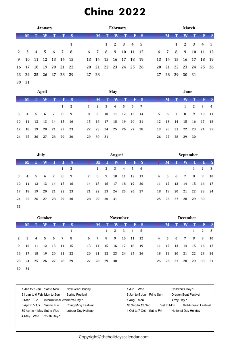 China Holidays 2022 | China Calendar 2022 with Holidays