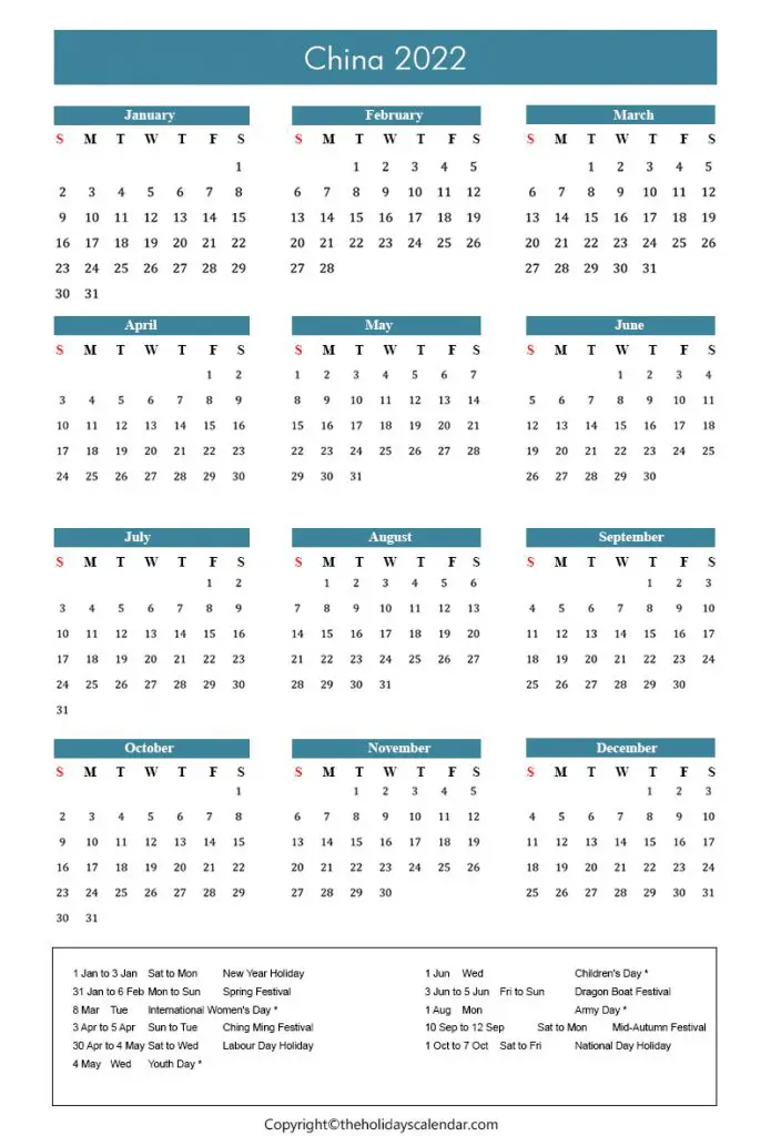China Calendar 2022 with Holidays