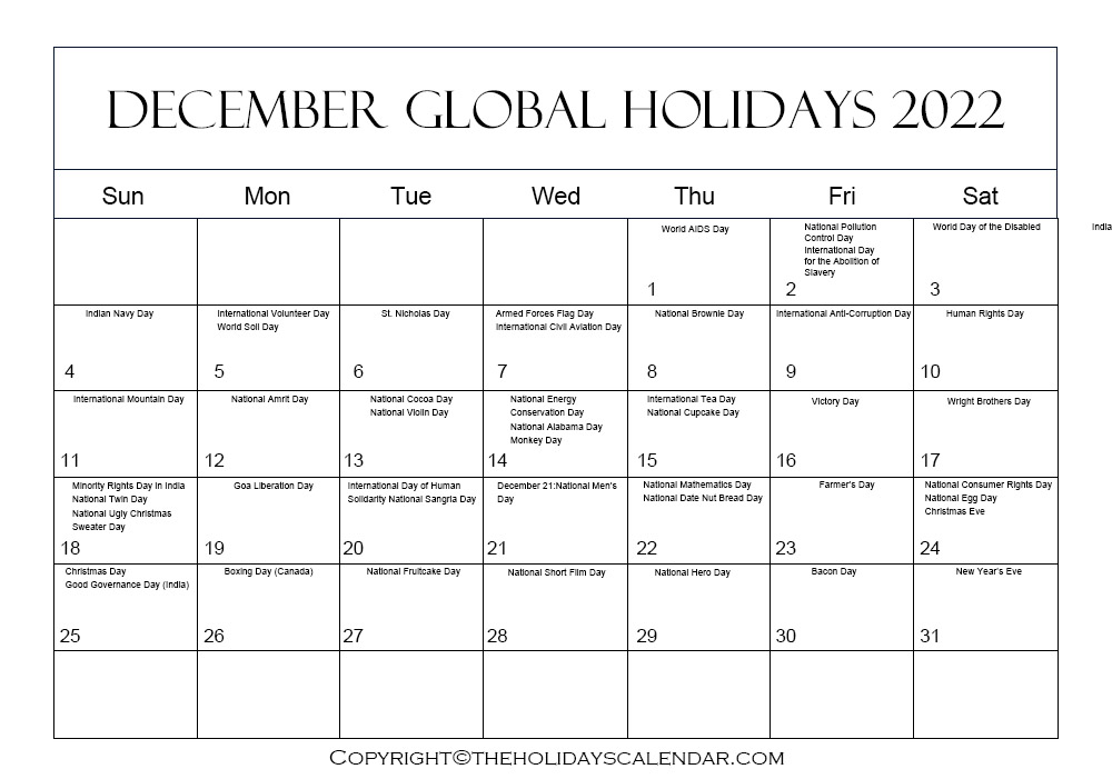 December 2022 Global Holiday Calendar