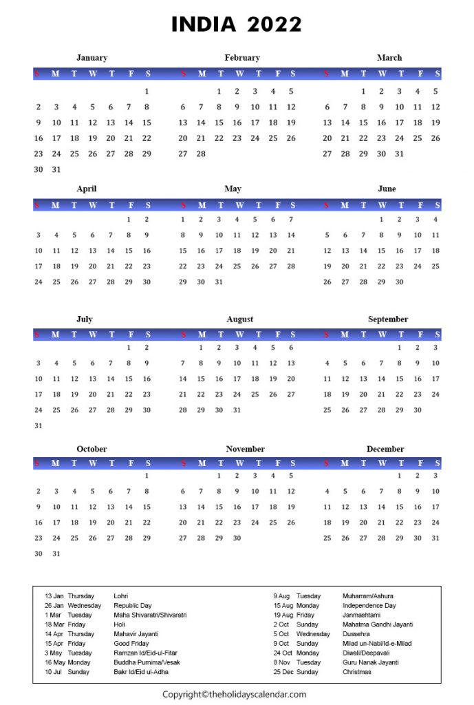 Printable Calendar 2022 India