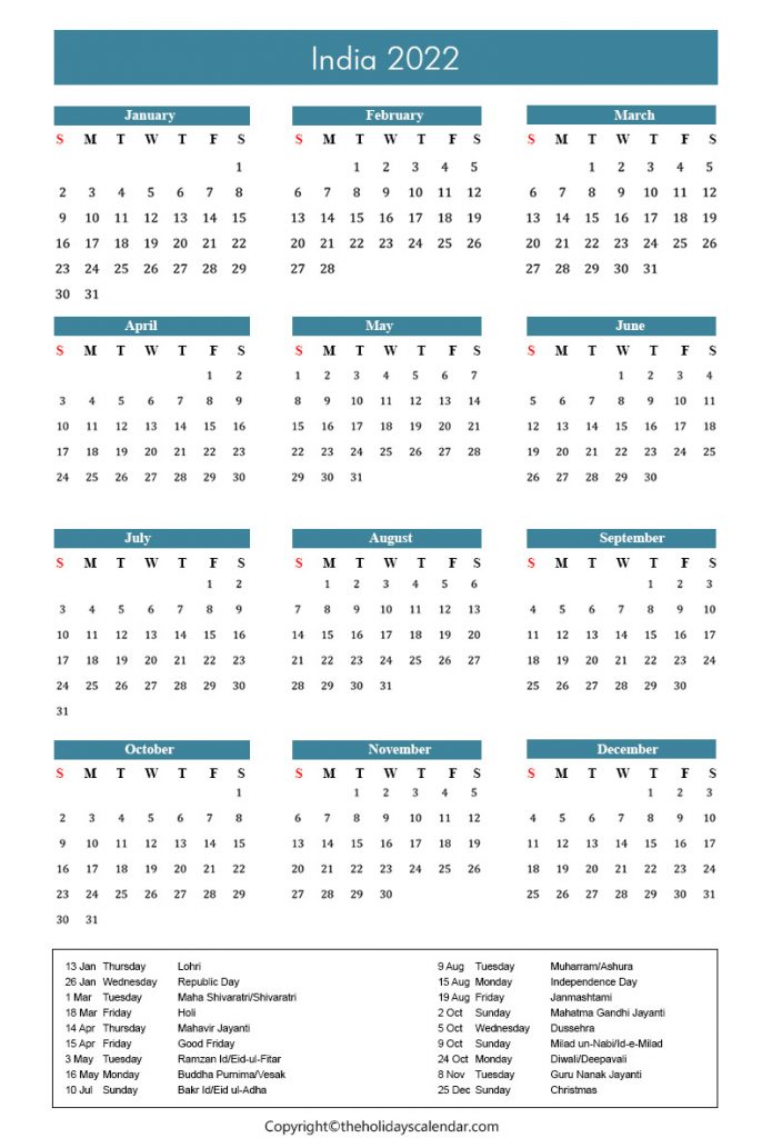 India Calendar 2022 with Holidays