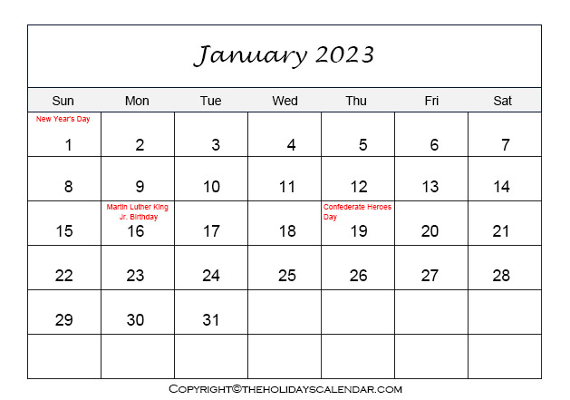 January Calendar 2023 with Holidays
