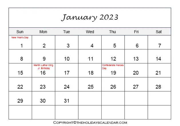 January Holidays 2023 | Printable January Calendar 2023