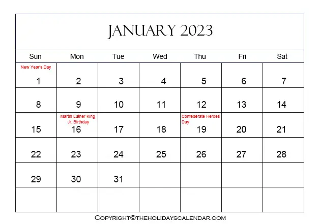 January Holiday Calendar 2023