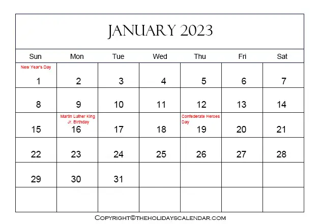 January Holidays 2023 | Printable January Calendar 2023