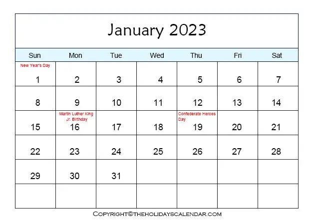 January Holidays 2023 | Printable January Calendar 2023