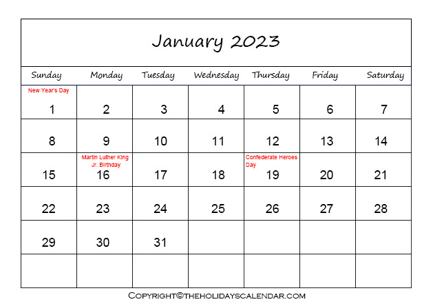January Calendar 2023 with Holidays
