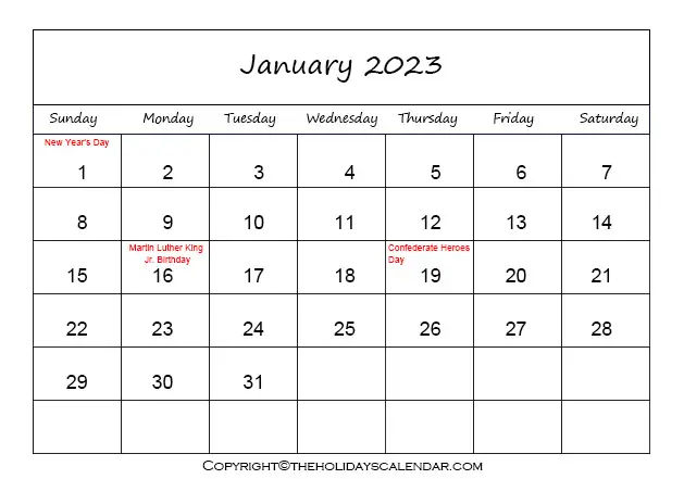 January Holidays 2023 | Printable January Calendar 2023