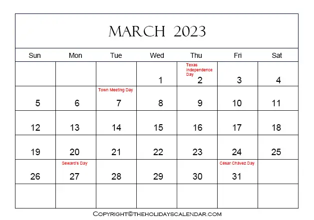 March Calendar 2023 with Holidays