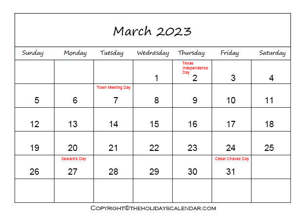 March Holiday Calendar 2023
