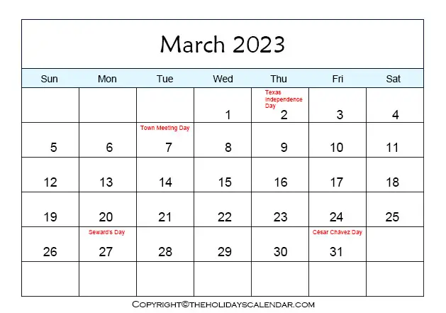 March Holiday Calendar 2023