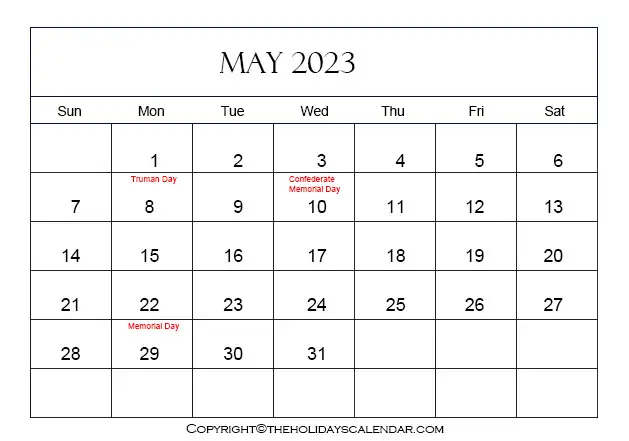 May Calendar with Holidays 2023