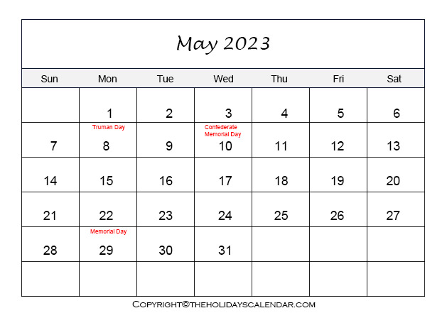 May Calendar with Holidays 2023