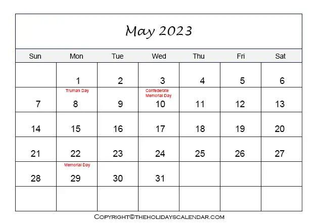 May Calendar with Holidays 2023