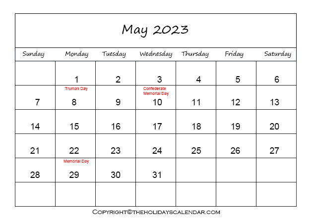 May Holiday Calendar 2023