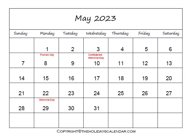 May Holiday Calendar 2023