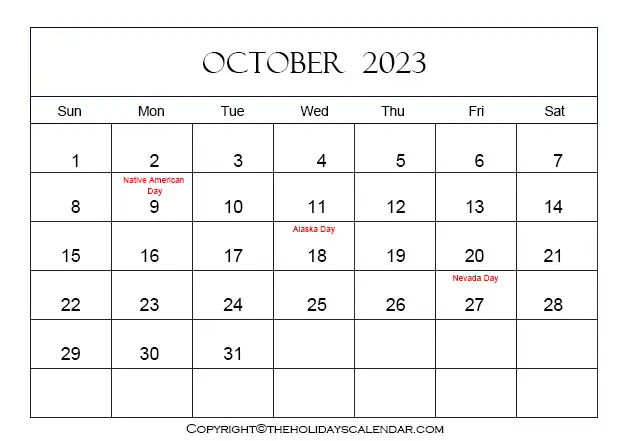 October Holiday Calendar 2023