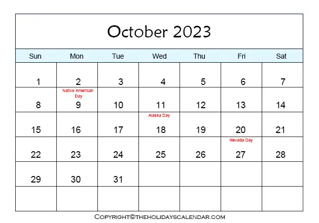 October Holiday Calendar 2023