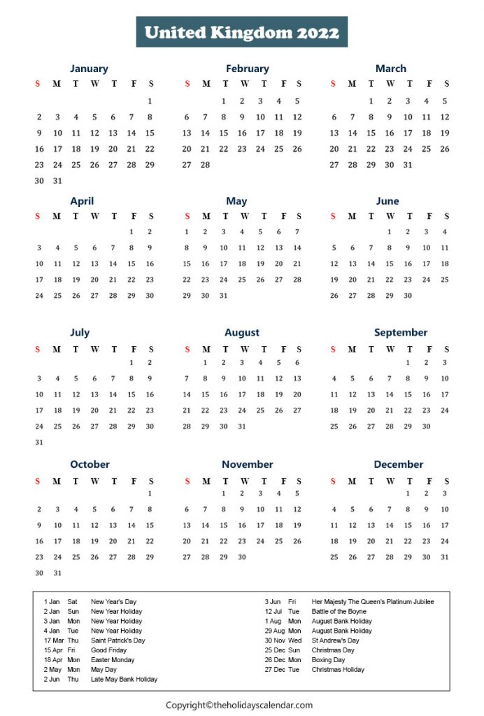 UK Calendar 2022 with Holidays