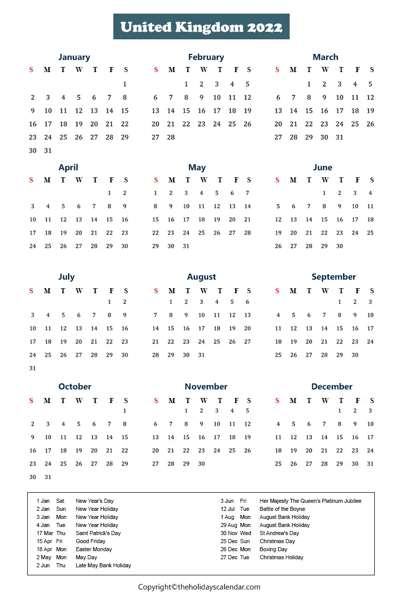 UK Holidays 2022 | UK Calendar 2022 with Public Holidays