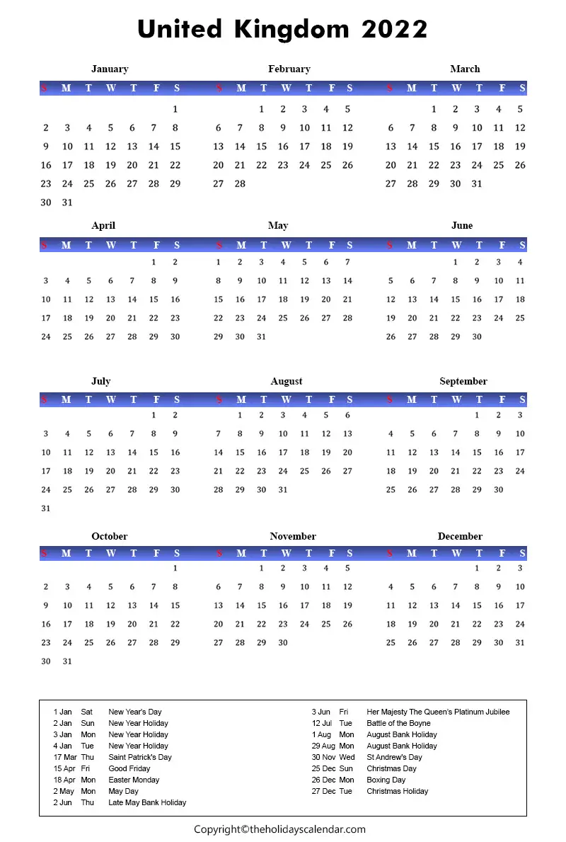 UK Holidays 2022 | UK Calendar 2022 with Public Holidays