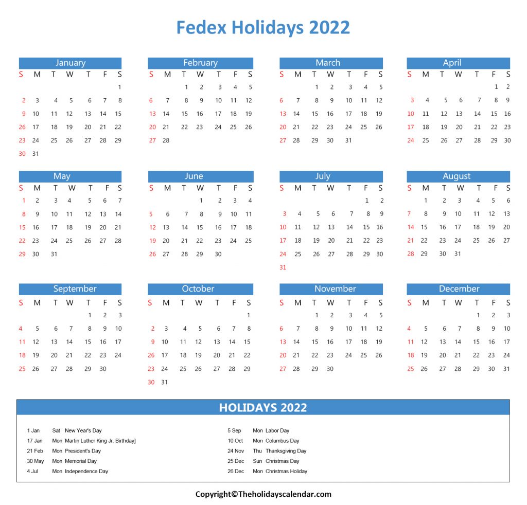 US FedEx Holidays 2022 Calendar