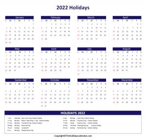 Printable Yearly Calendar with US Government Holidays 2022