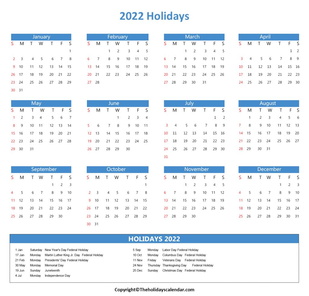 2022 Calendar with Government Holidays