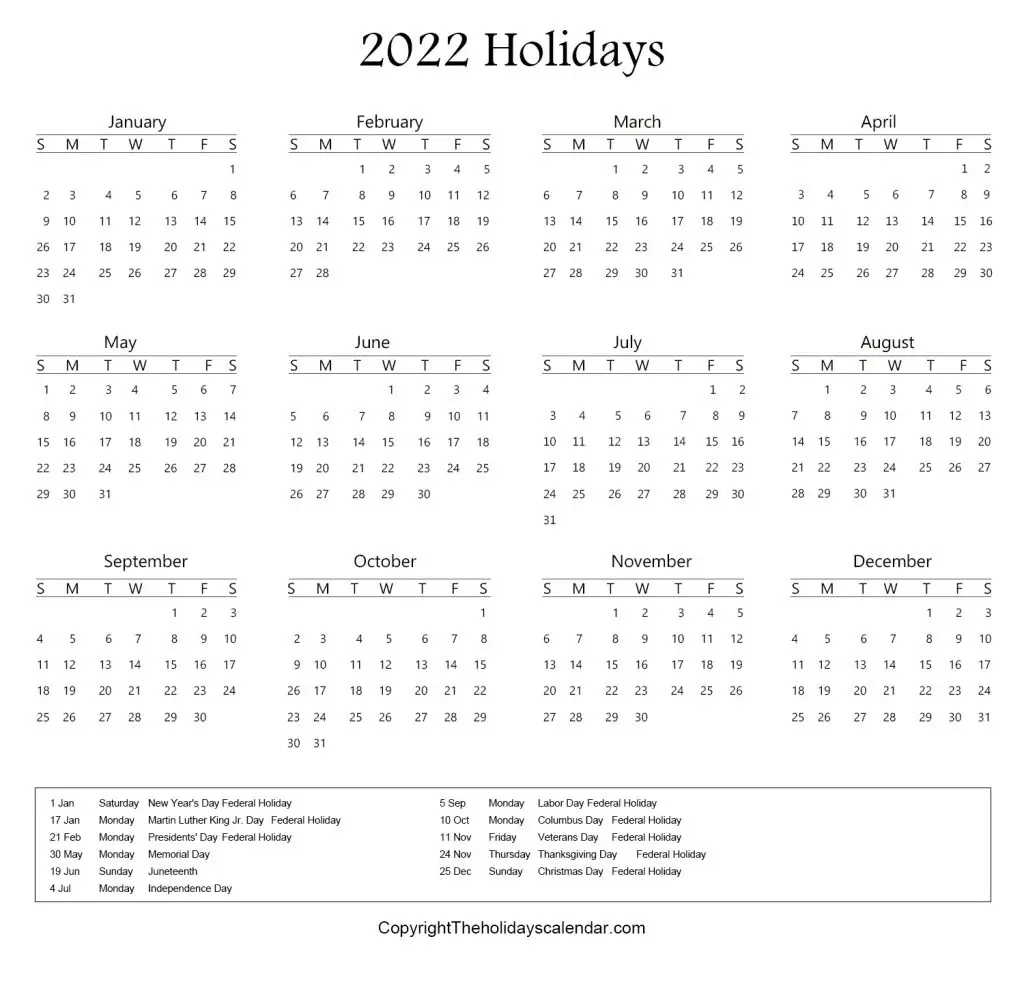 US Govt Holidays 2022