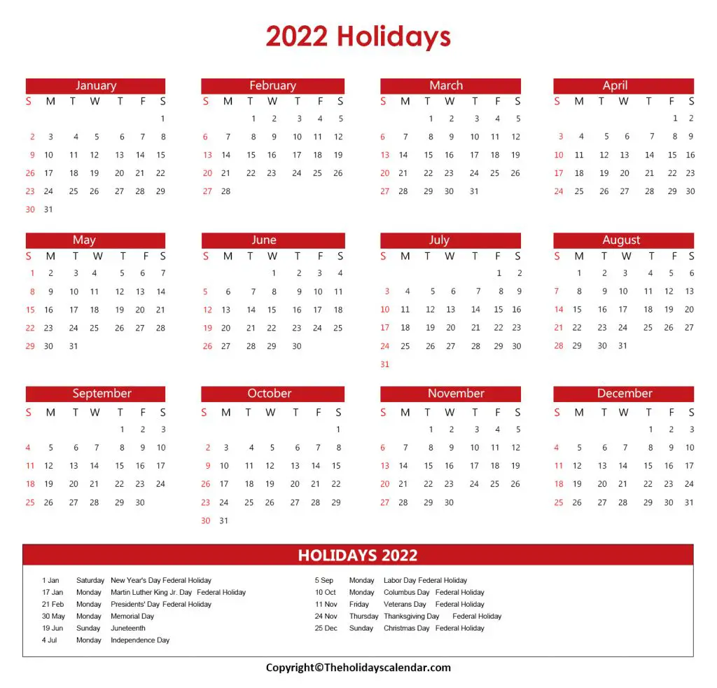Government Holidays 2022 USA