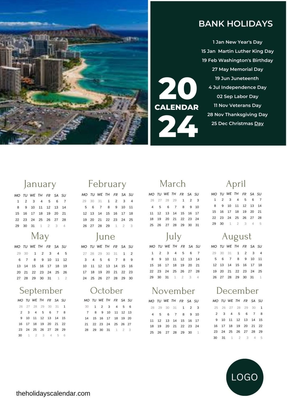 Bank Holidays 2024 with Printable Bank Calendar