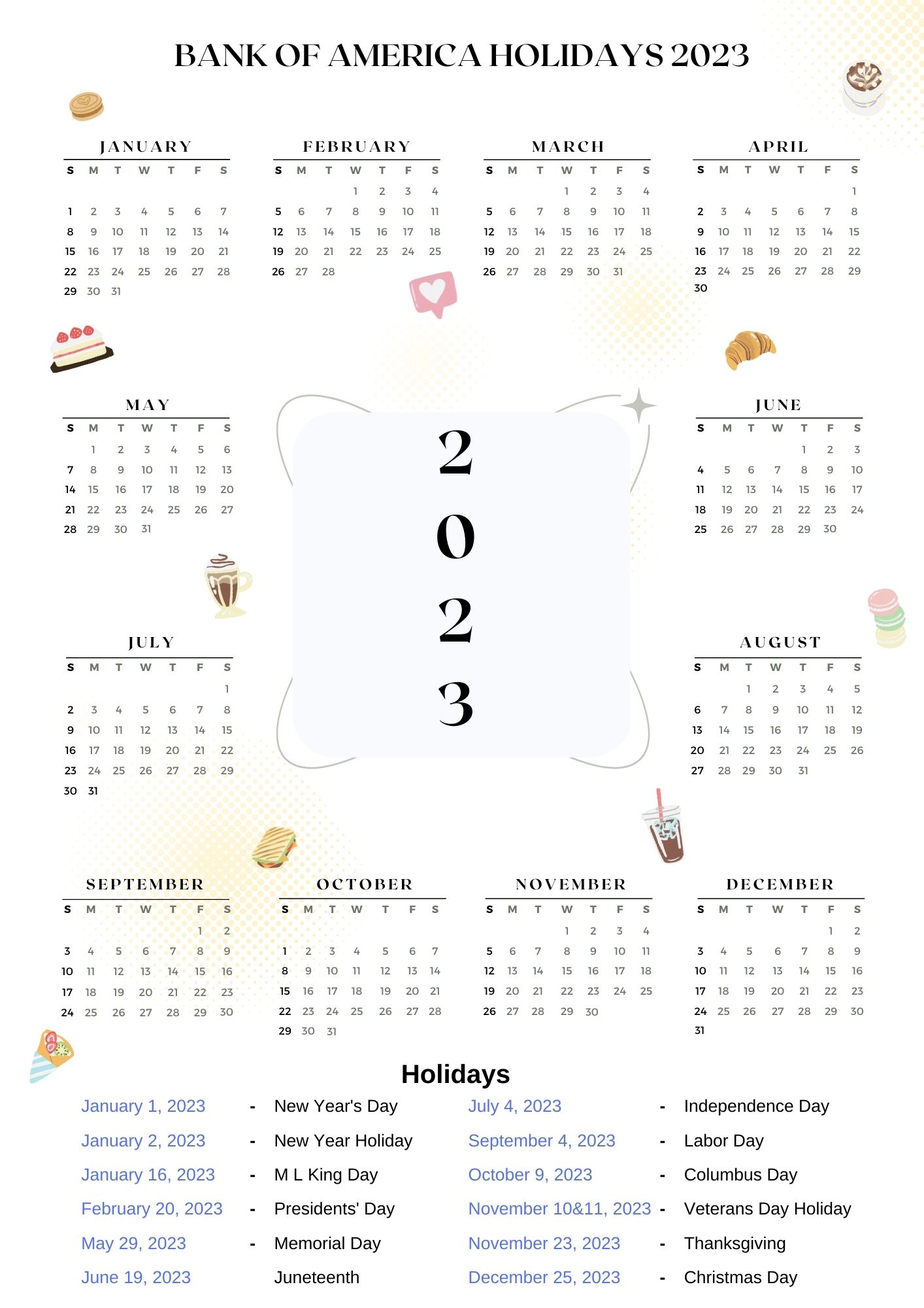 Bank of America Holidays 2023 with Bank of America Calendar
