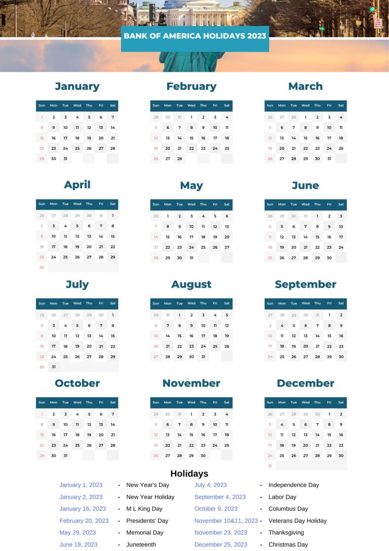 Bank of America Holidays 2023 with Bank of America Calendar