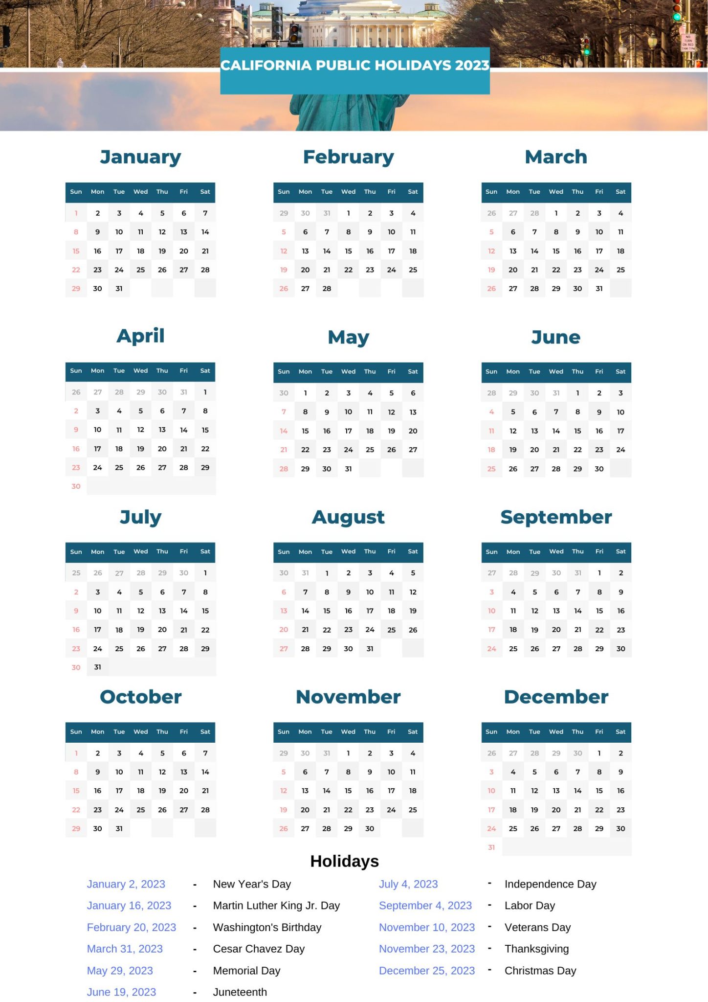 California Public Holidays 2023 With California Printable Calendar