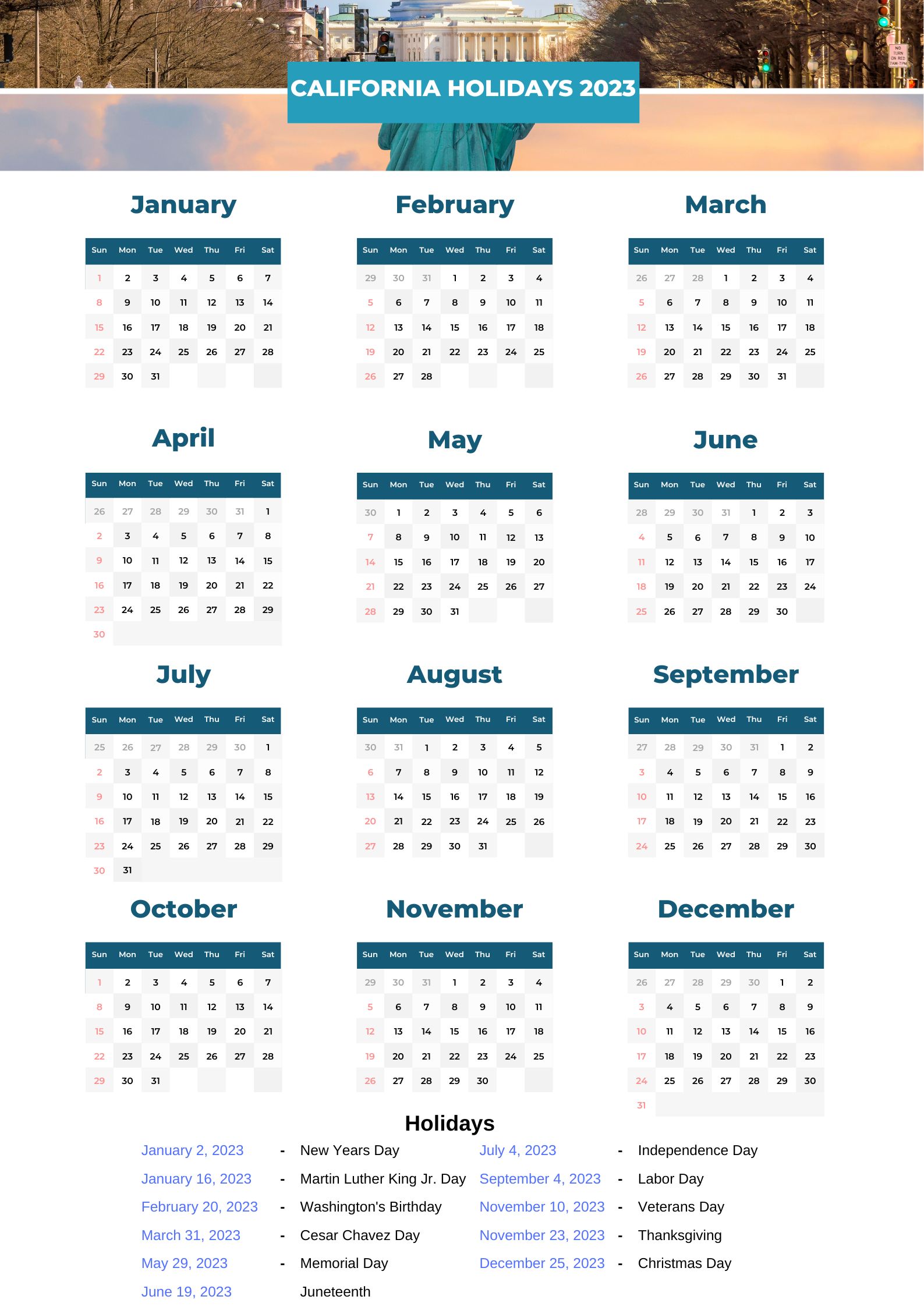 California State Holidays 2023 with Printable CA Calendar