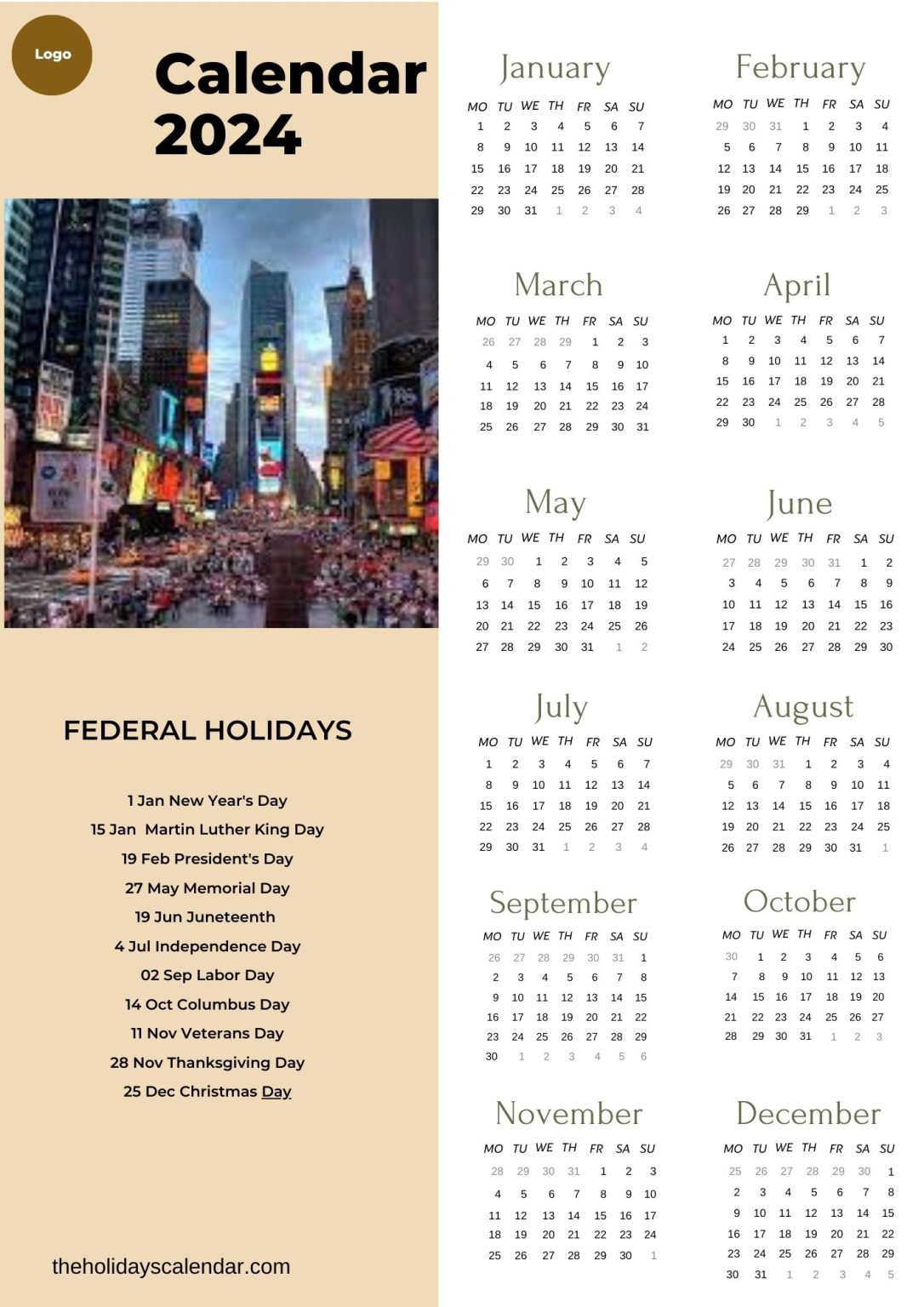 Federal Holidays 2024 with Year Calendar in PDF