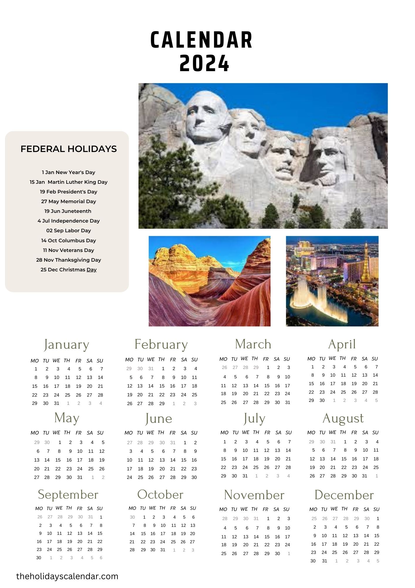 Federal Holidays 2024 with Year Calendar in PDF