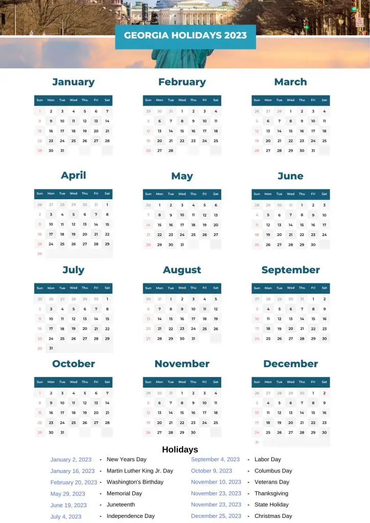 State Holidays 2023 with Printable GA Calendar