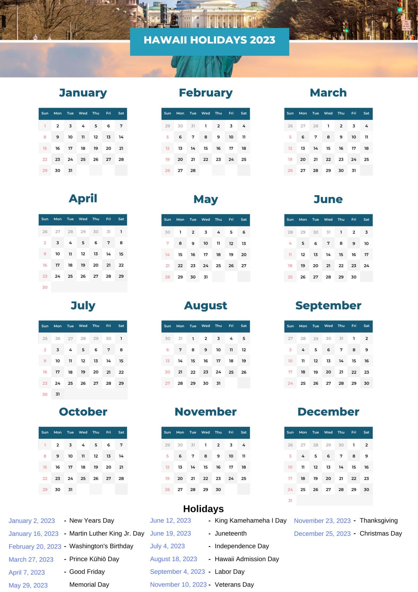 Hawaii State Holidays 2023 with Printable HI Calendar