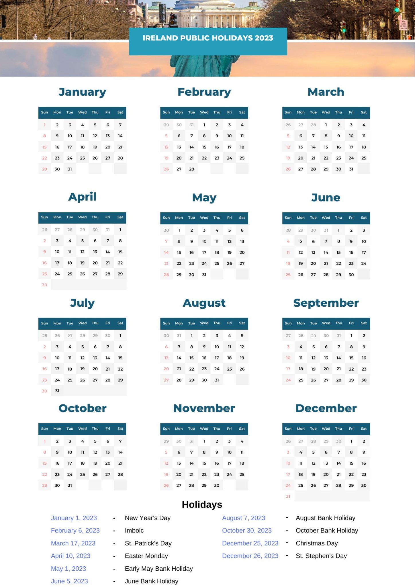 Ireland Public Holidays 2023 With Ireland Printable Calendar