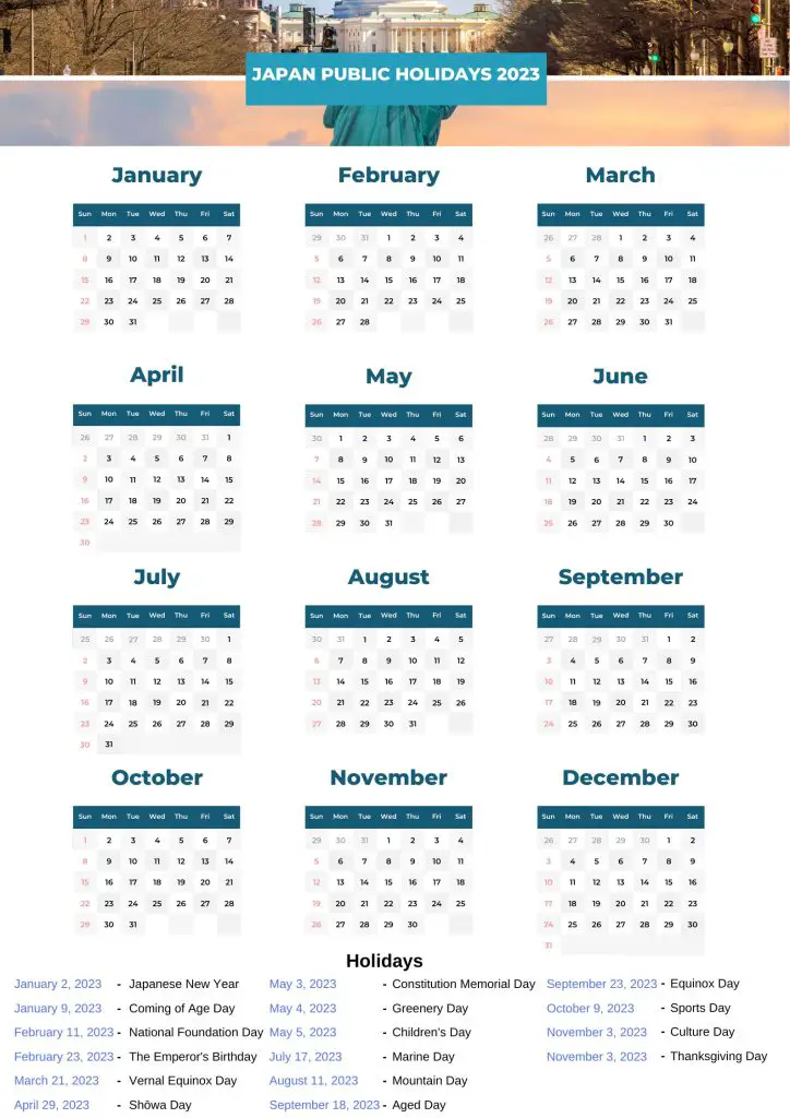 Japan Public Holidays 2023 With Japan Printable Calendar