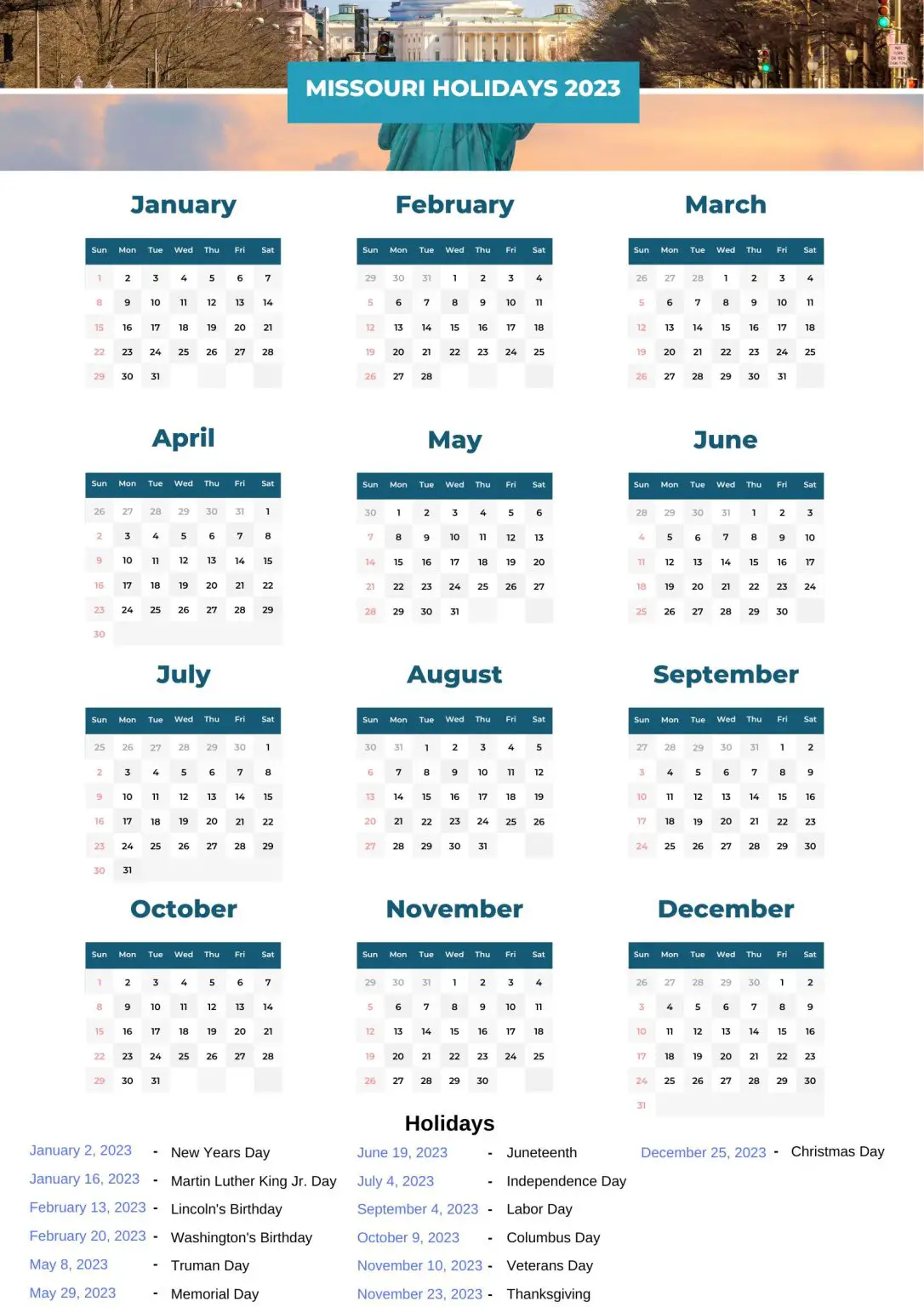 Missouri State Holidays 2023 with Printable MO Calendar