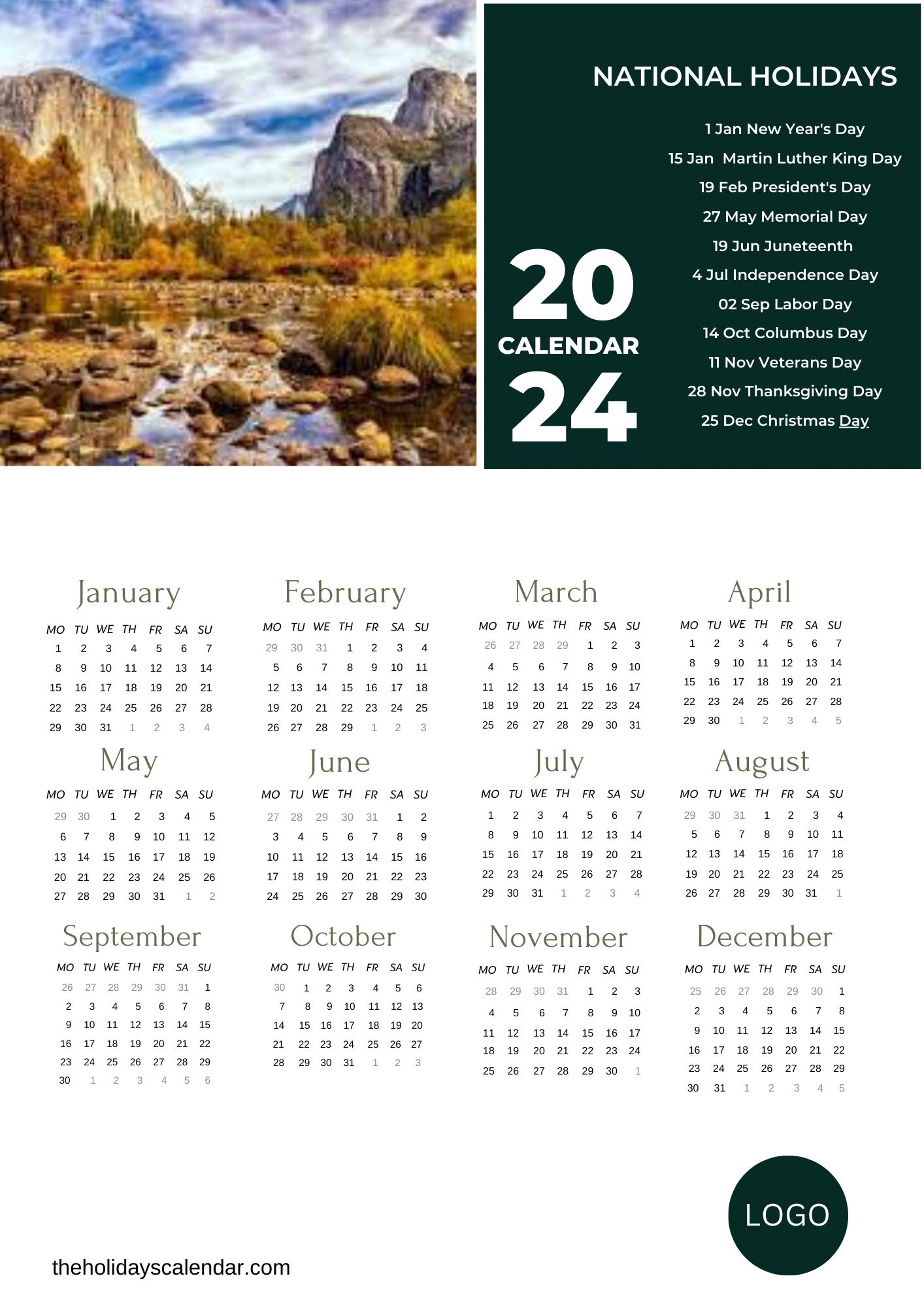 National Holidays 2024 with Year Calendar in PDF