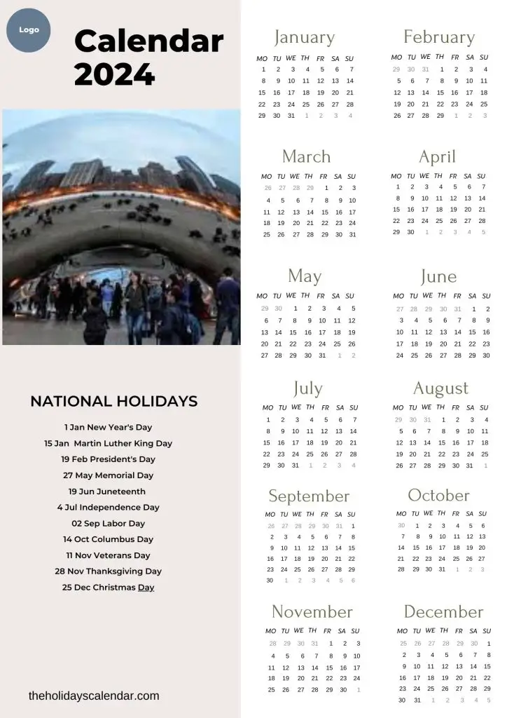 National Holidays 2024 with Year Calendar in PDF