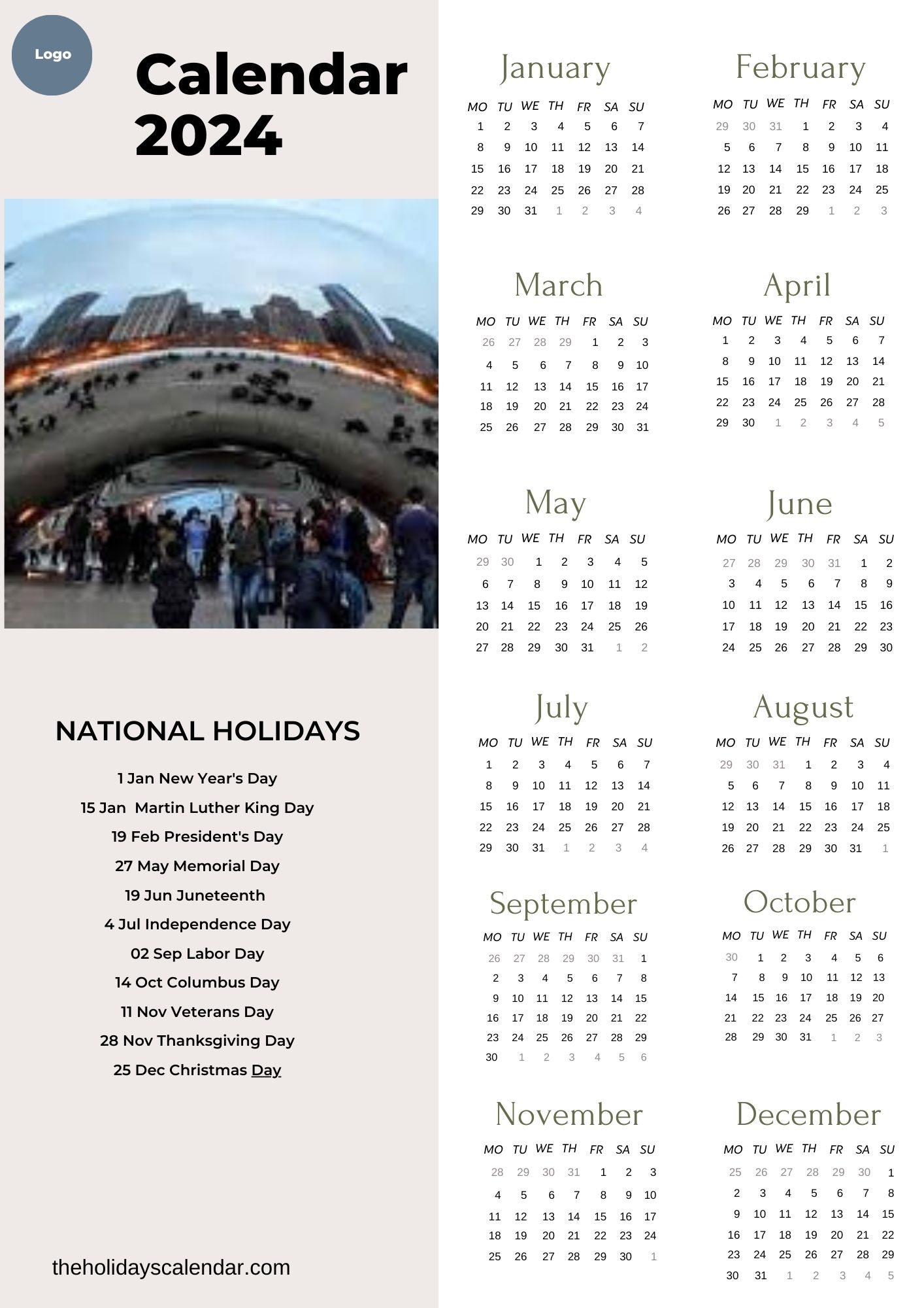National Days and Holidays 2024 Printable PDF  National day calendar,  National holiday calendar, National days