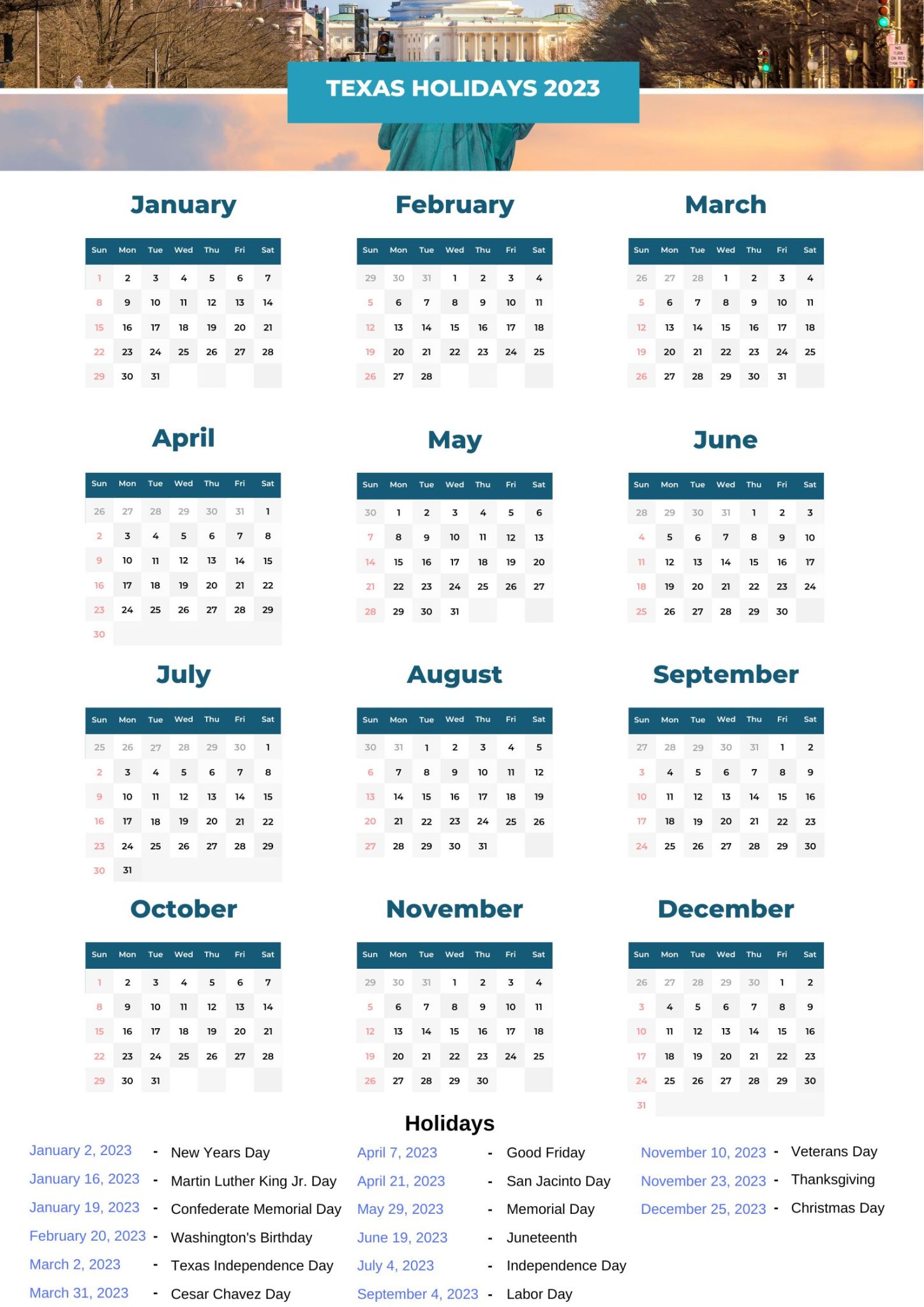 Texas State Holidays 2023 with Printable TX Calendar