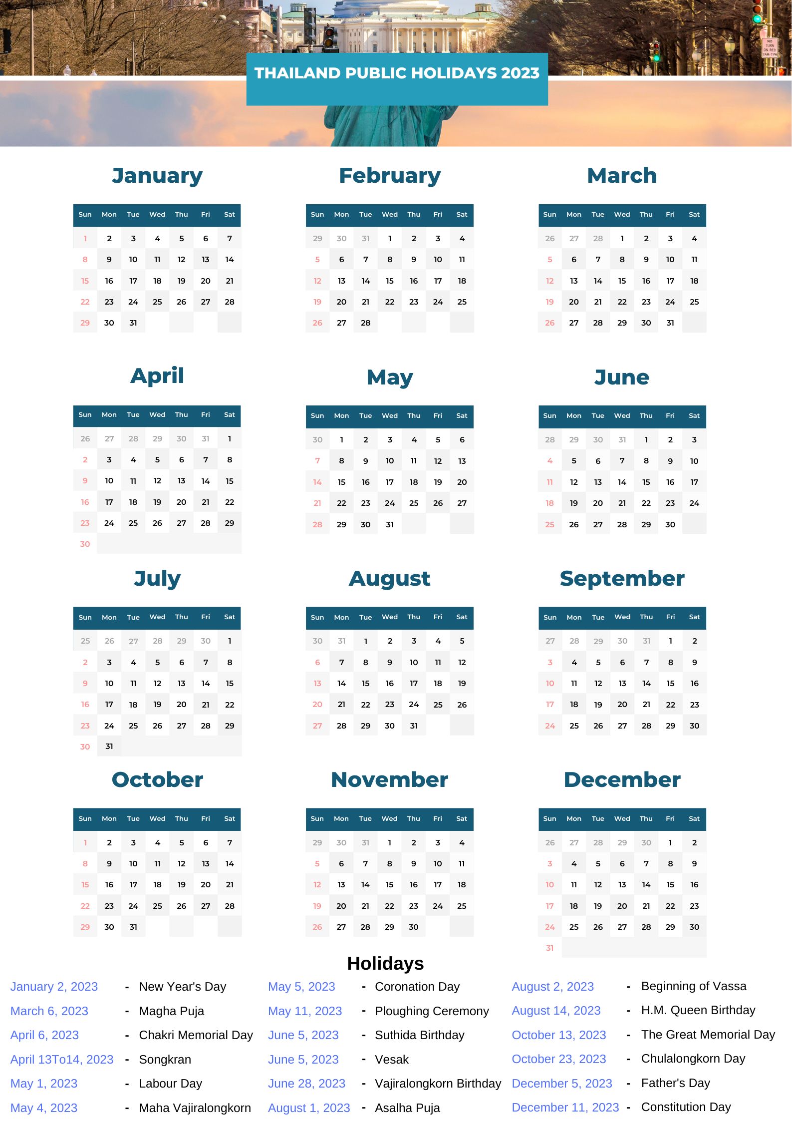 Thailand Public Holidays 2023 With Thailand Printable Calendar