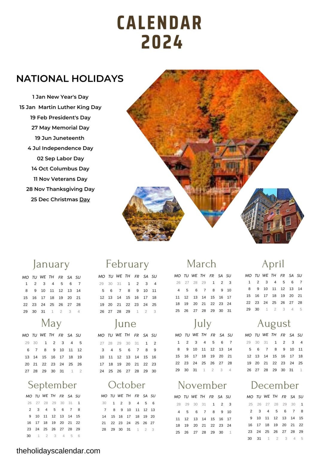 National Holidays 2024 with Year Calendar in PDF