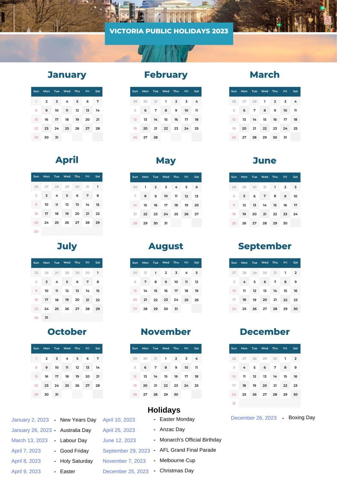 Victoria Public Holidays 2023 With Victoria Printable Calendar