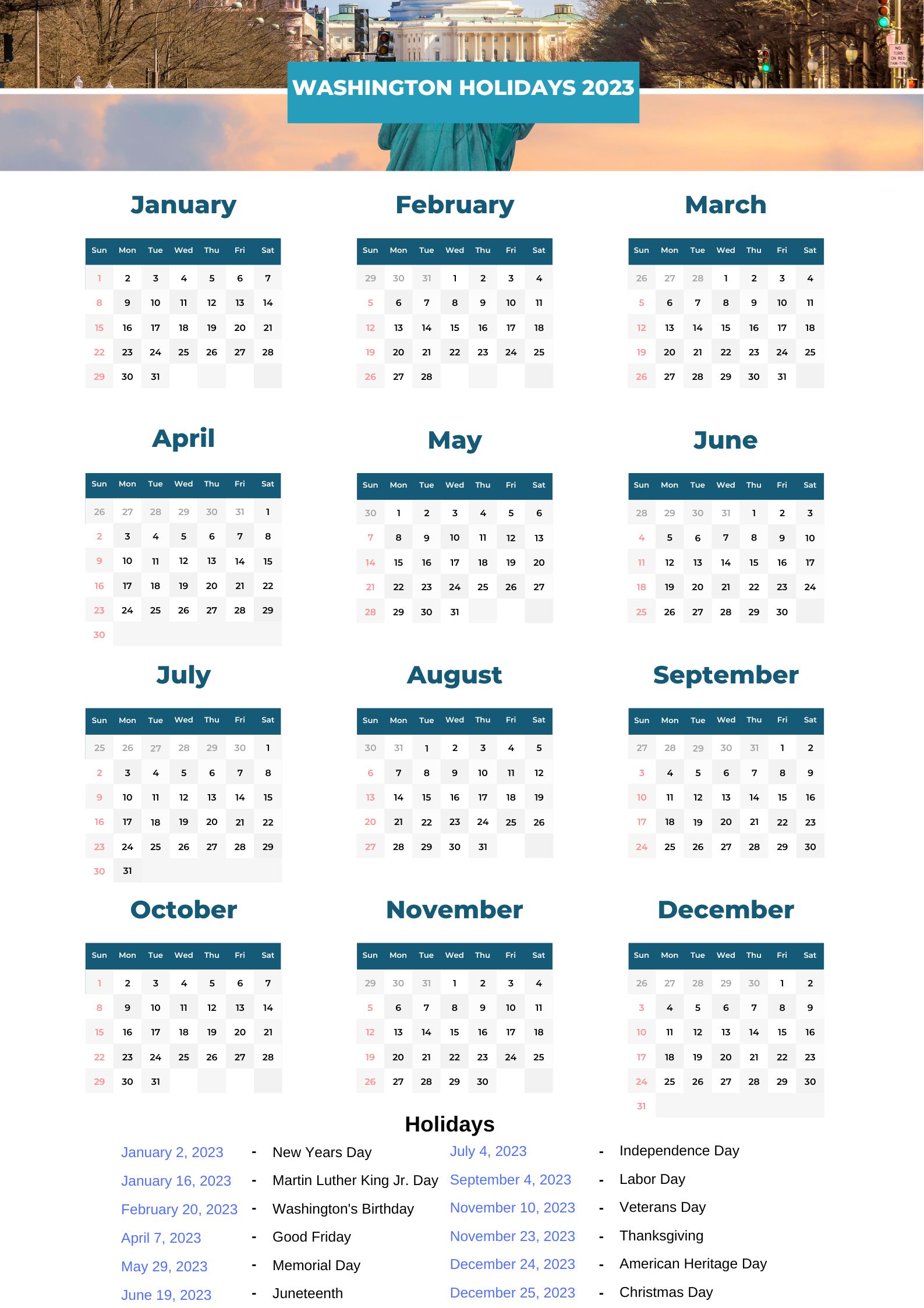 Washington State Holidays 2023 with Printable WA Calendar